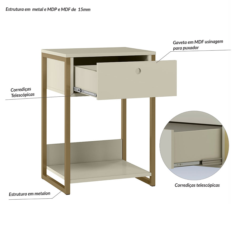 Mesa de Cabeceira Industrial Dijon 1 Gaveta Off White