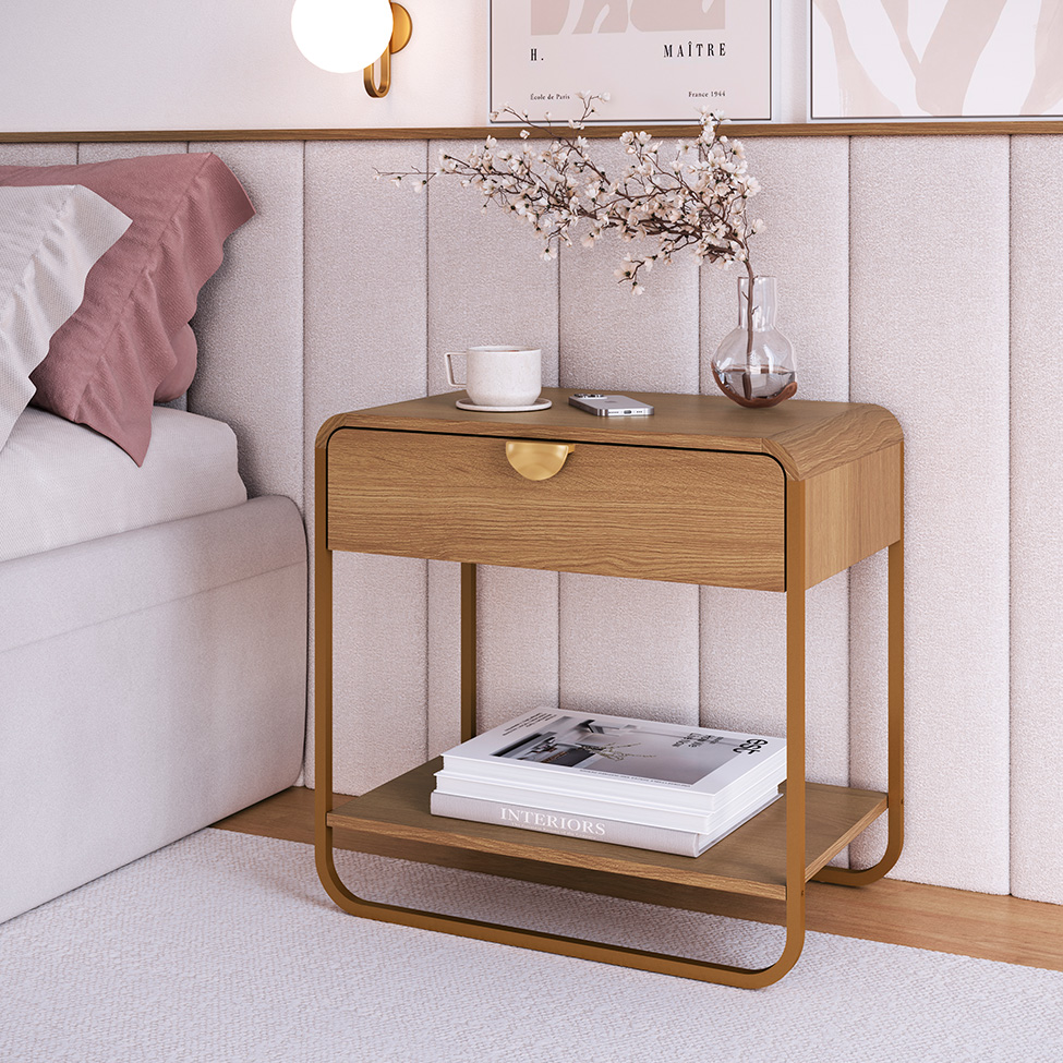 Mesa de Cabeceira Luna 1 Gaveta Hanover e Dourado