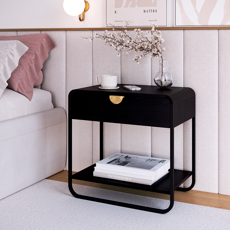 Mesa de Cabeceira Luna 1 Gaveta Preto e Dourado