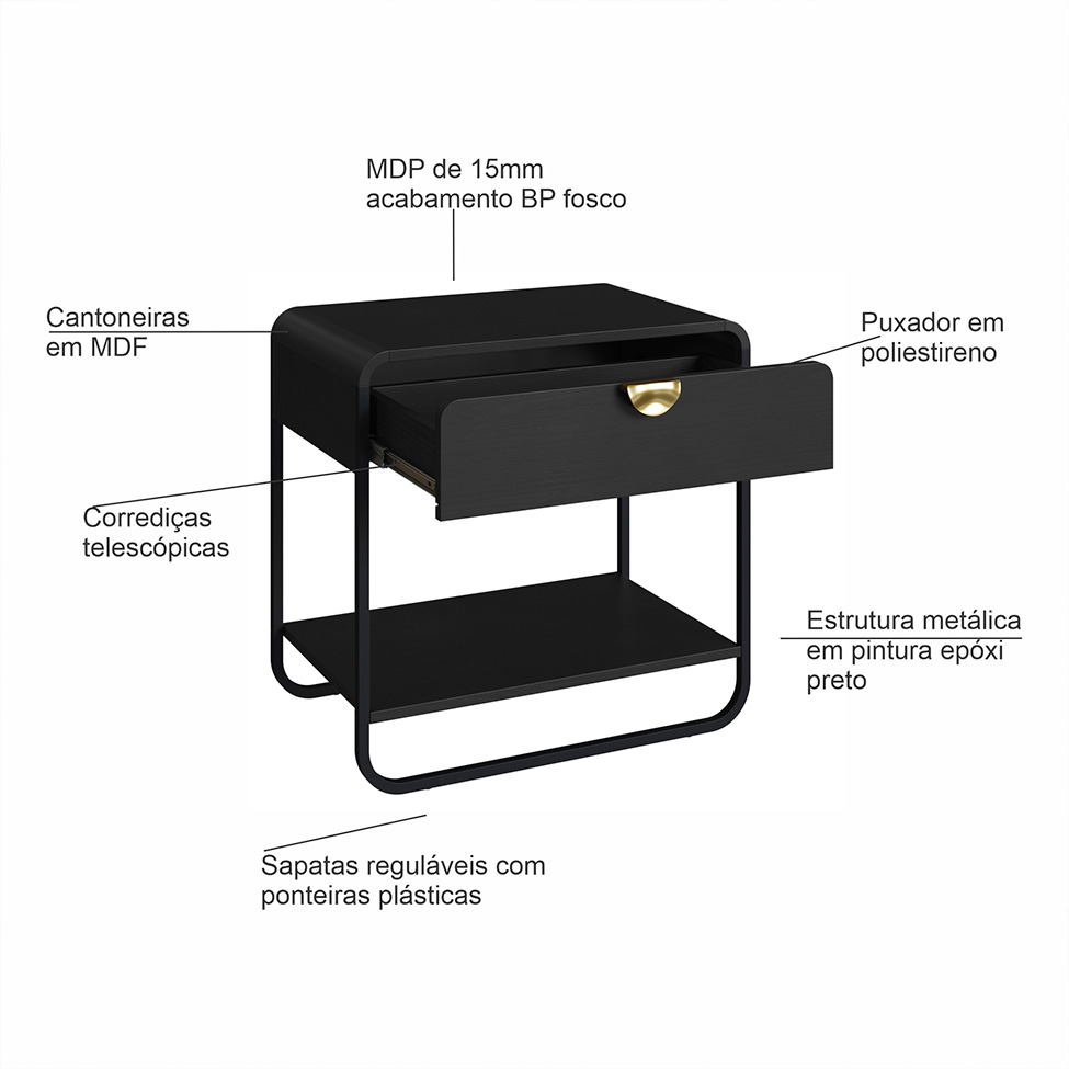 Mesa de Cabeceira Luna 1 Gaveta Preto e Dourado