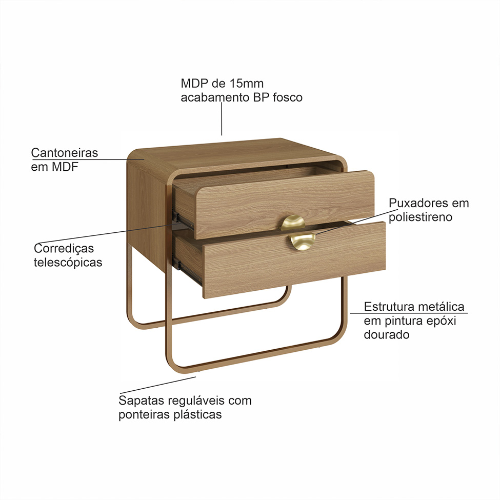 Mesa de Cabeceira Luna 2 Gavetas Hanover e Dourado