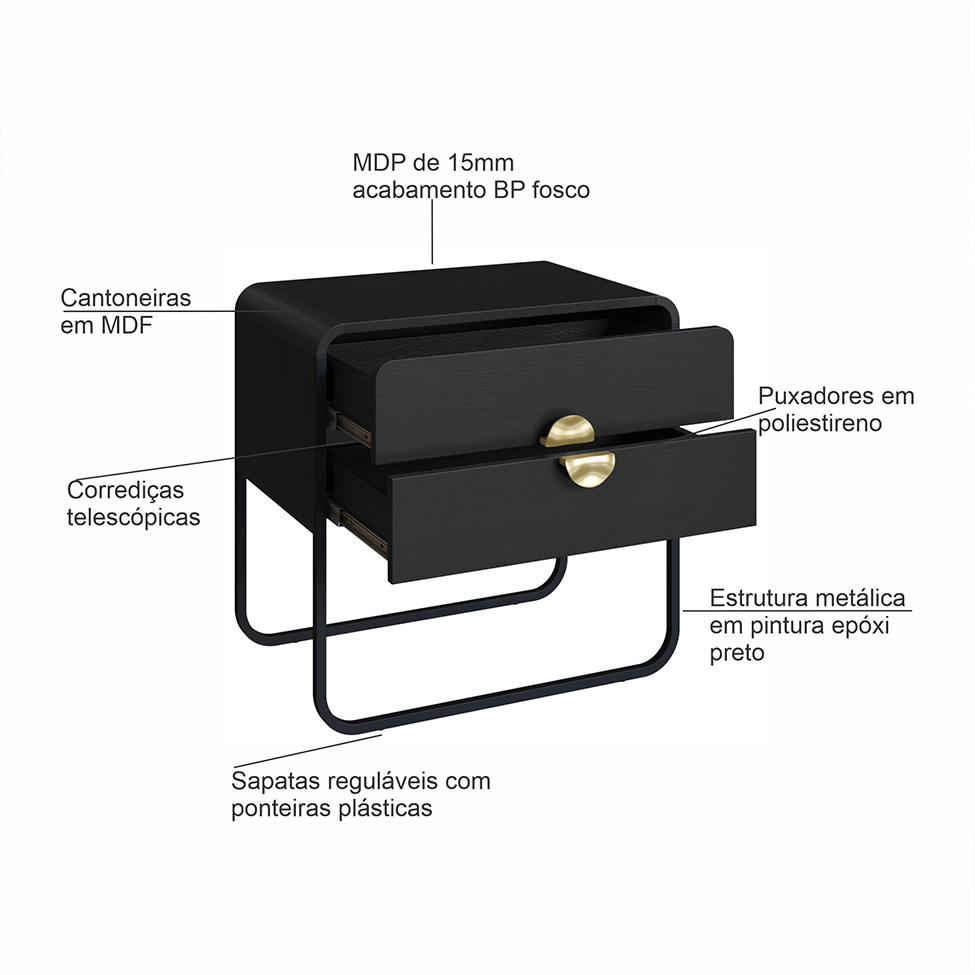 Mesa de Cabeceira Luna 2 Gavetas Preto e Dourado