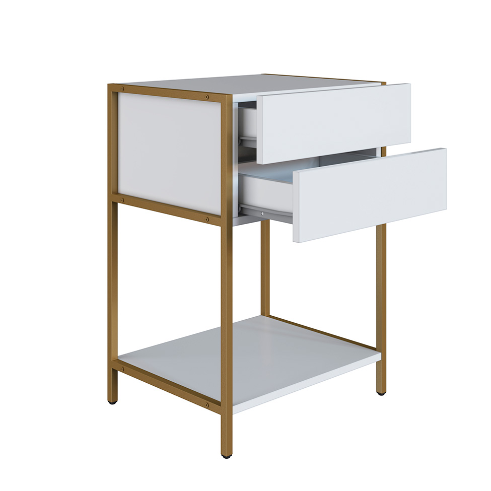 Mesa de Cabeceira Noruega 2 Gavetas Branca e Dourada
