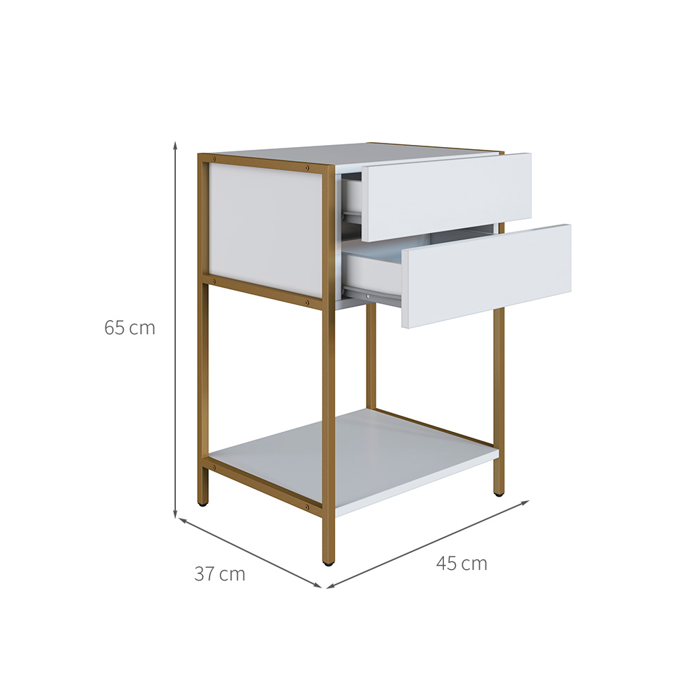 Mesa de Cabeceira Noruega 2 Gavetas Branca e Dourada