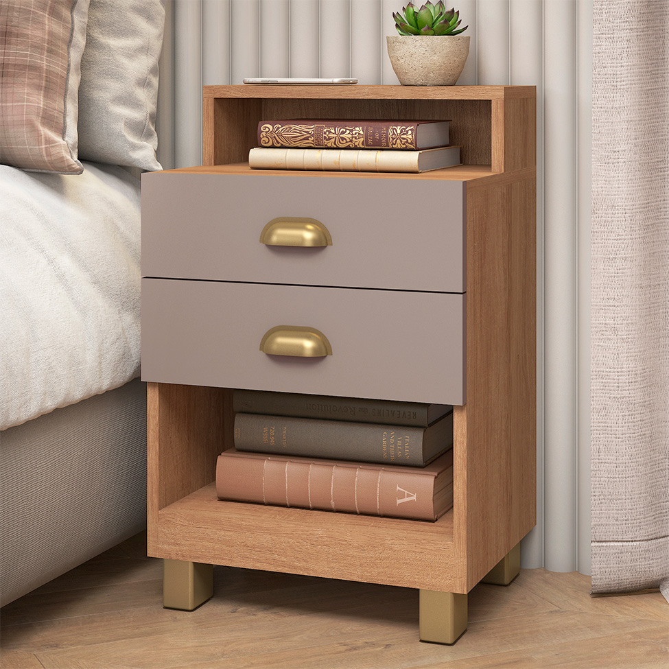 Mesa de Cabeceira Oasis 2 Gavetas Mel e Fendi