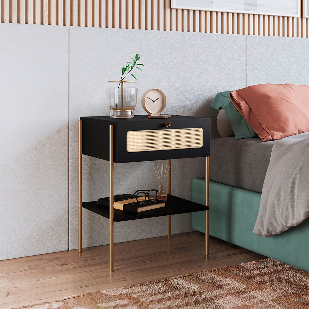Mesa de Cabeceira Oslo 1 Gaveta Preta e Dourada