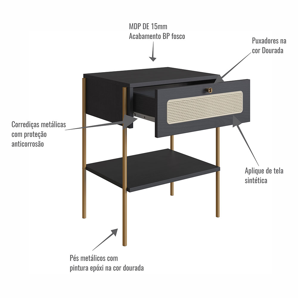 Mesa de Cabeceira Oslo 1 Gaveta Preta e Dourada