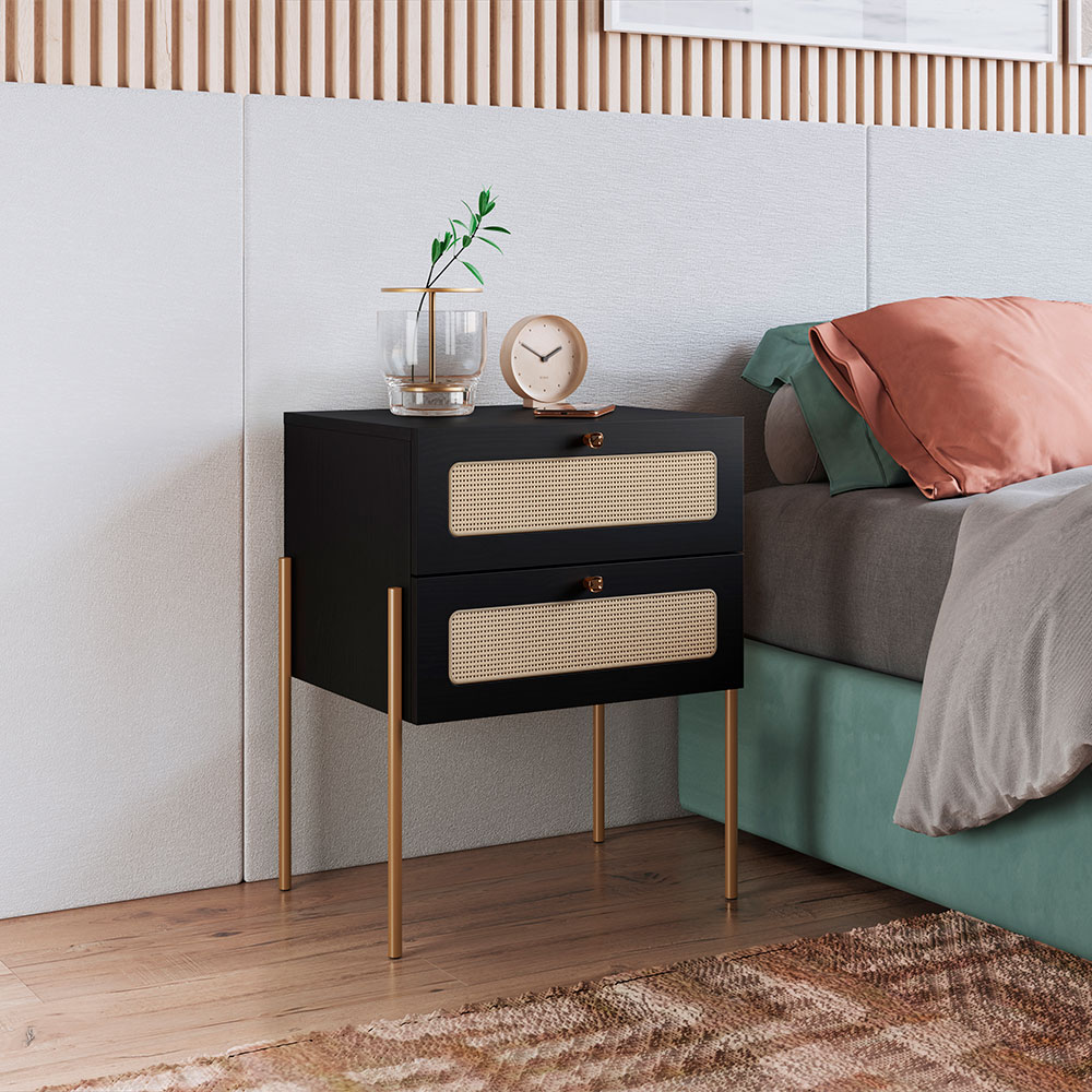Mesa de Cabeceira Oslo 2 Gavetas Preta e Dourada