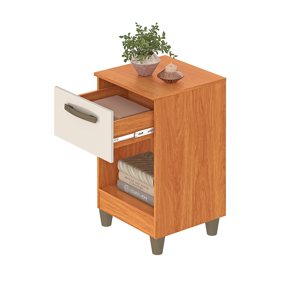 Mesa de Cabeceira Prada 1 Gaveta Cinamomo e Off White