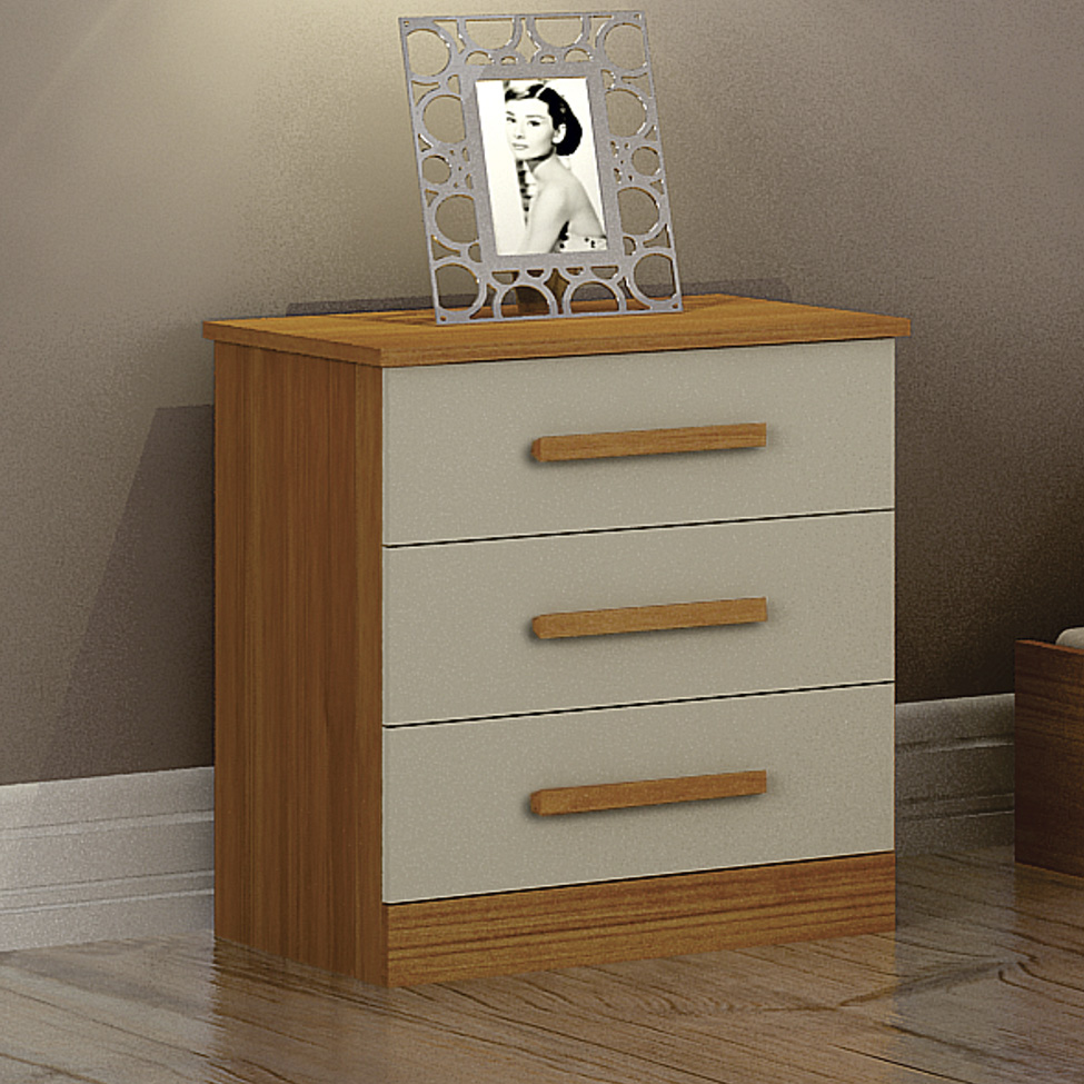 Mesa de Cabeceira Rubi 3 Gavetas Cinamomo e Off White