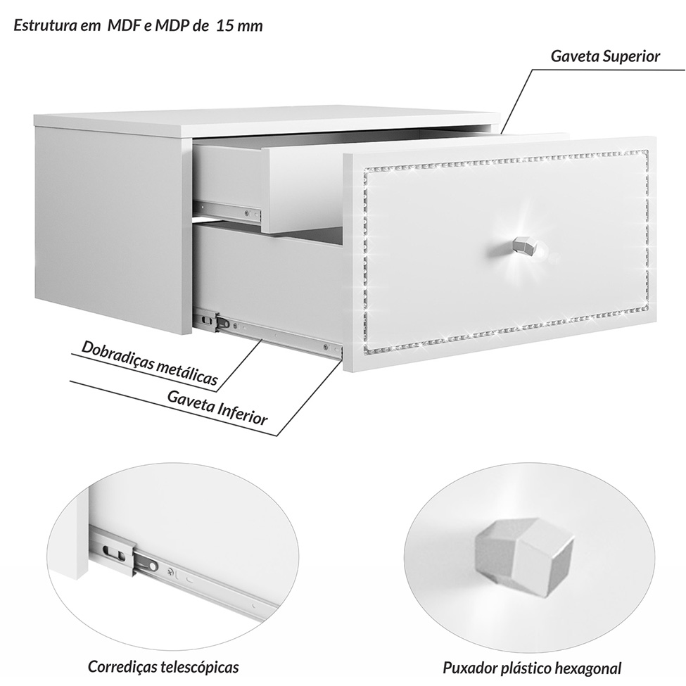 Mesa de Cabeceira Strass 2 Gavetas Branca