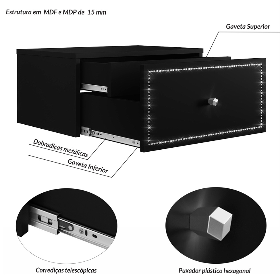 Mesa de Cabeceira Strass 2 Gavetas Preta