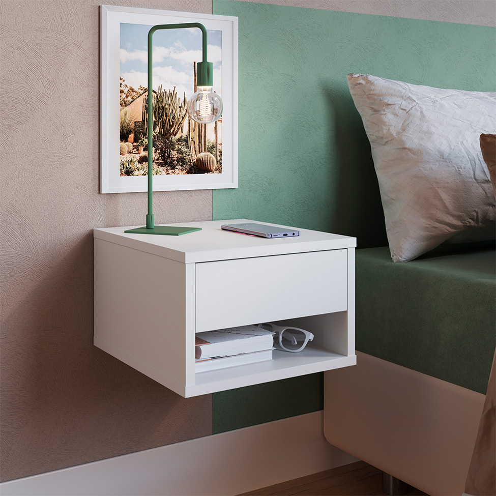 Mesa de Cabeceira Suspensa Slim 1 Gaveta Branca