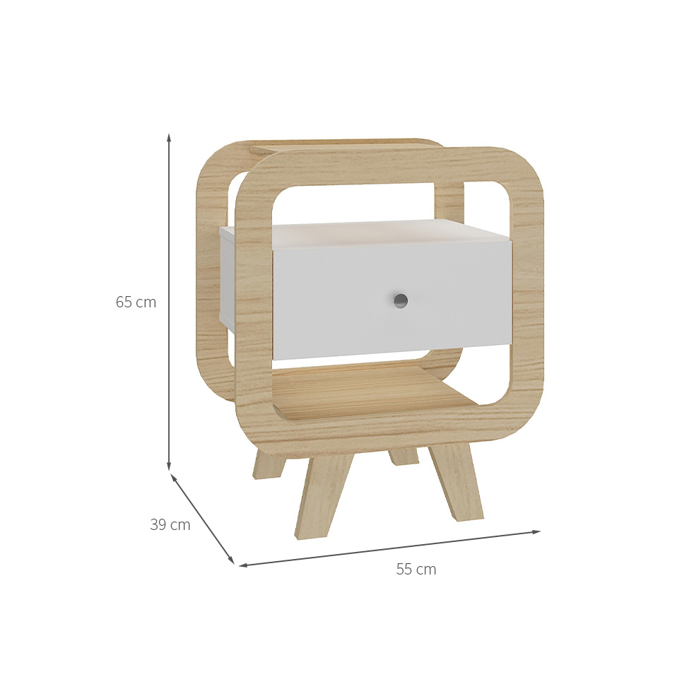 Mesa de Cabeceira Theo com USB 1 Gaveta Branco e Naturale