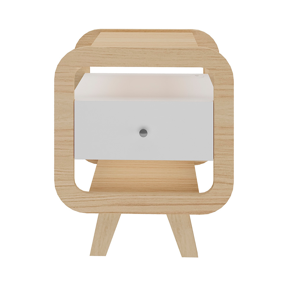 Mesa de Cabeceira Theo com USB 1 Gaveta Branco e Naturale
