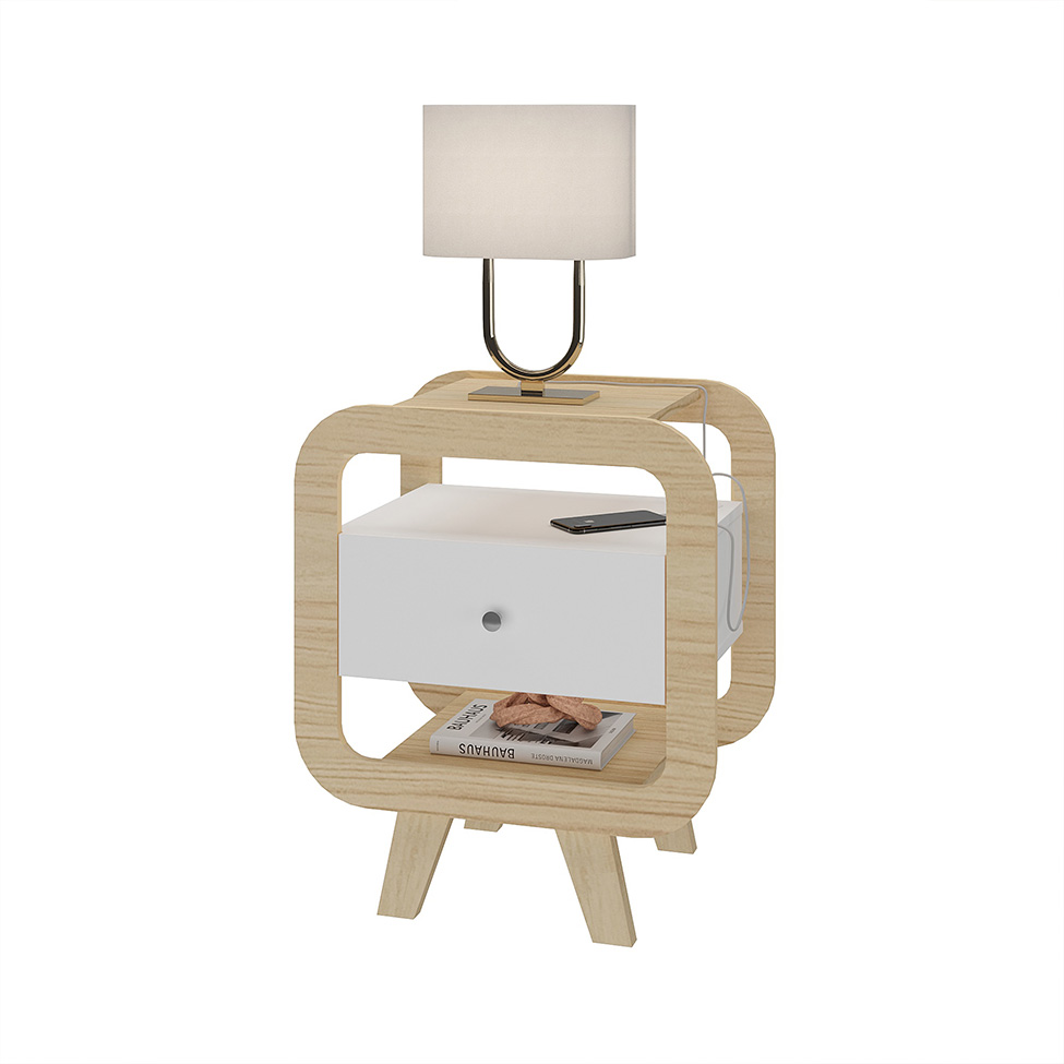 Mesa de Cabeceira Theo com USB 1 Gaveta Branco e Naturale