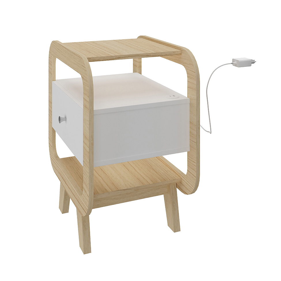 Mesa de Cabeceira Theo com USB 1 Gaveta Branco e Naturale