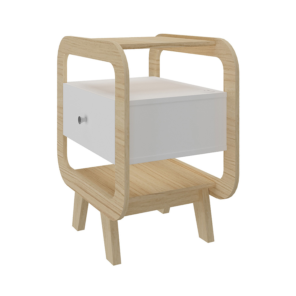 Mesa de Cabeceira Theo com USB 1 Gaveta Branco e Naturale