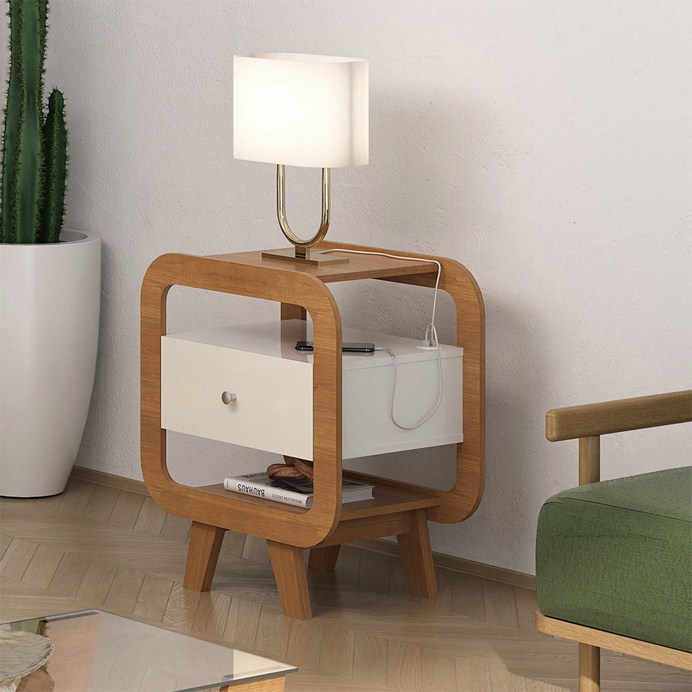 Mesa de Cabeceira Theo com USB 1 Gaveta Off White e Cinamomo