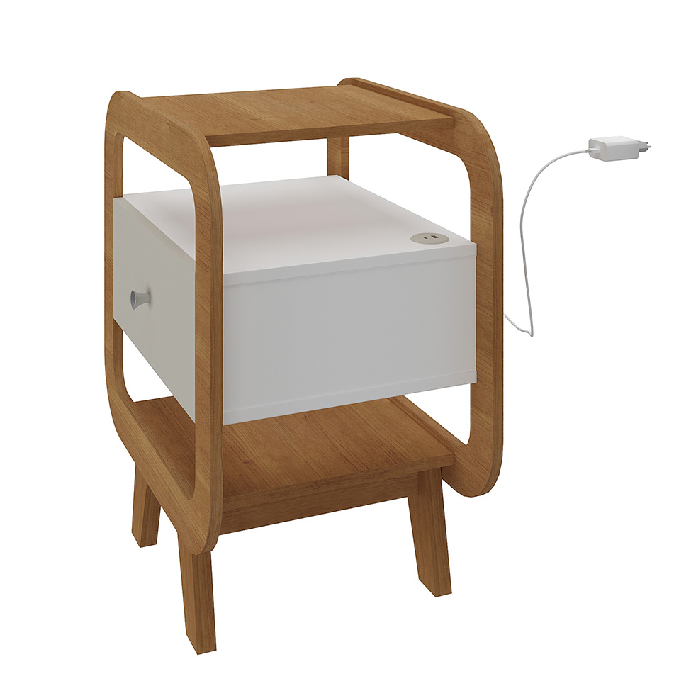 Mesa de Cabeceira Theo com USB 1 Gaveta Off White e Cinamomo