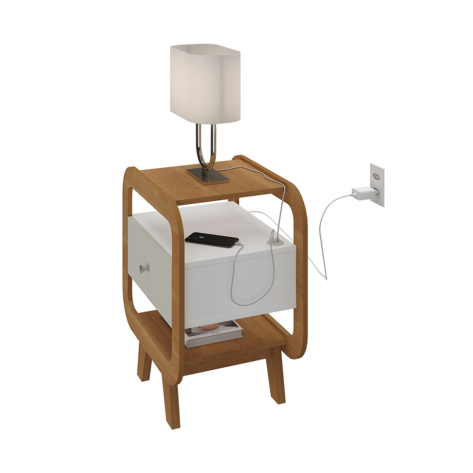 Mesa de Cabeceira Theo com USB 1 Gaveta Off White e Cinamomo