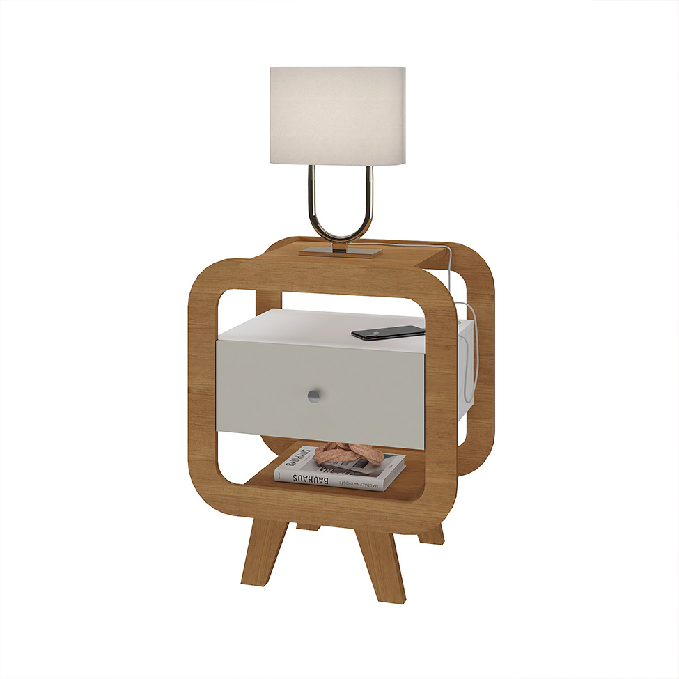Mesa de Cabeceira Theo com USB 1 Gaveta Off White e Cinamomo