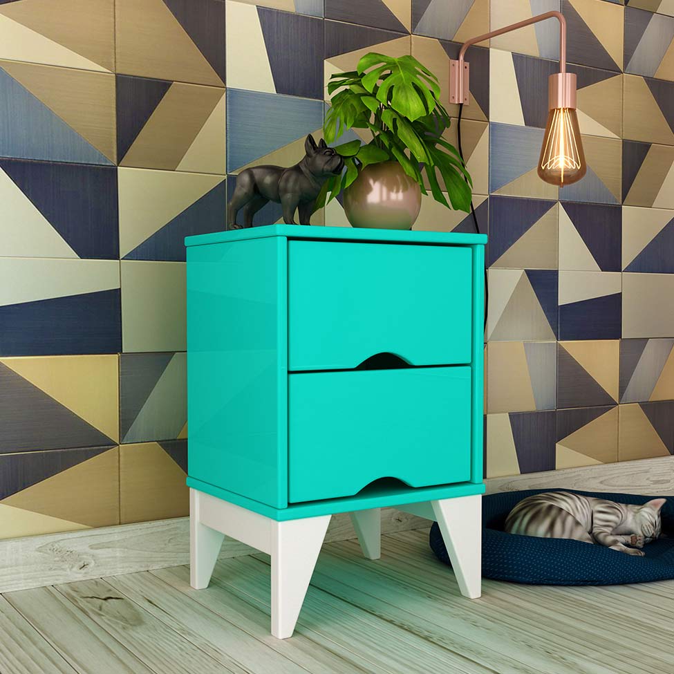 Mesa de Cabeceira Twister 2 Gavetas Aqua e Branca