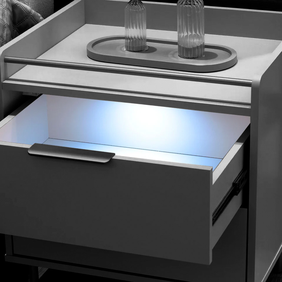 Mesa de Cabeceira Yves com LED  2 Gavetas Preta e Champanhe
