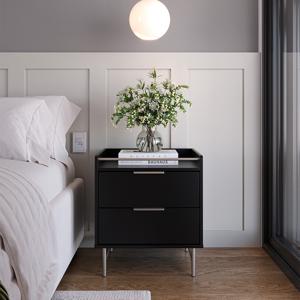 Mesa de Cabeceira Yves com LED  2 Gavetas Preta e Champanhe