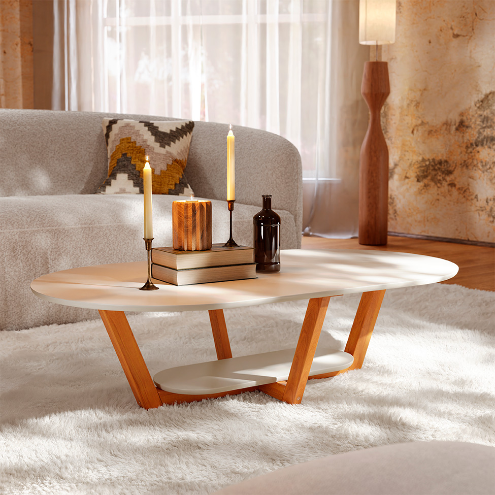 Mesa de Centro Oval Elegance Off White e Nature