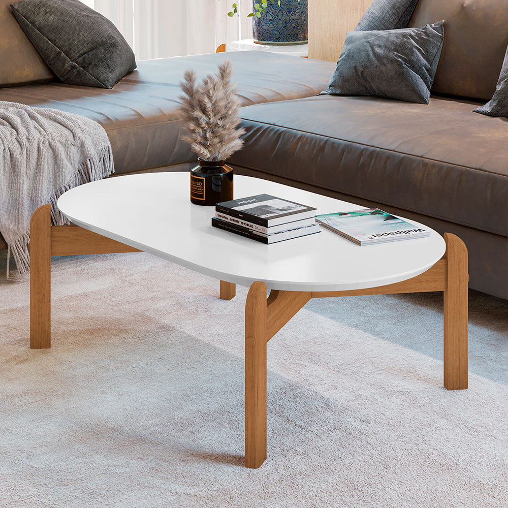 Mesa de Centro Oval Lizz Branco e Cedro