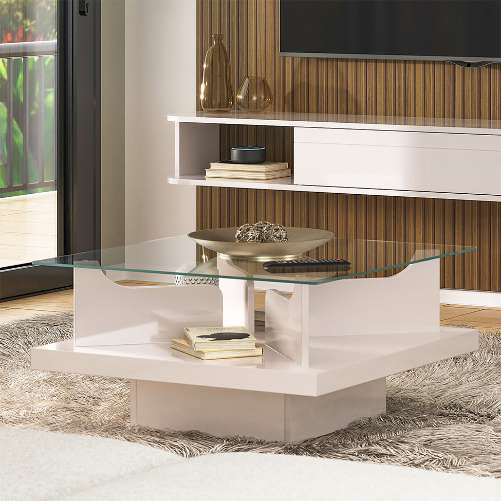 Mesa de Centro Quadrada Clear Off White