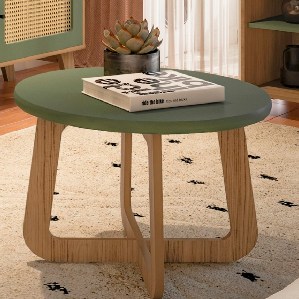 Mesa de Centro Redonda Jasmin Verde Menta e Carvalho