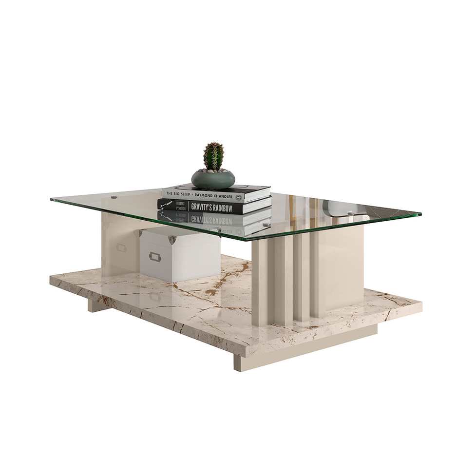 Mesa de Centro Retangular Frizz Off White e Calacata