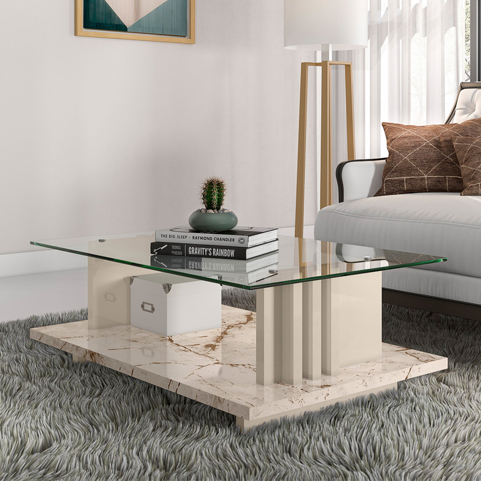 Mesa de Centro Retangular Frizz Off White e Calacata