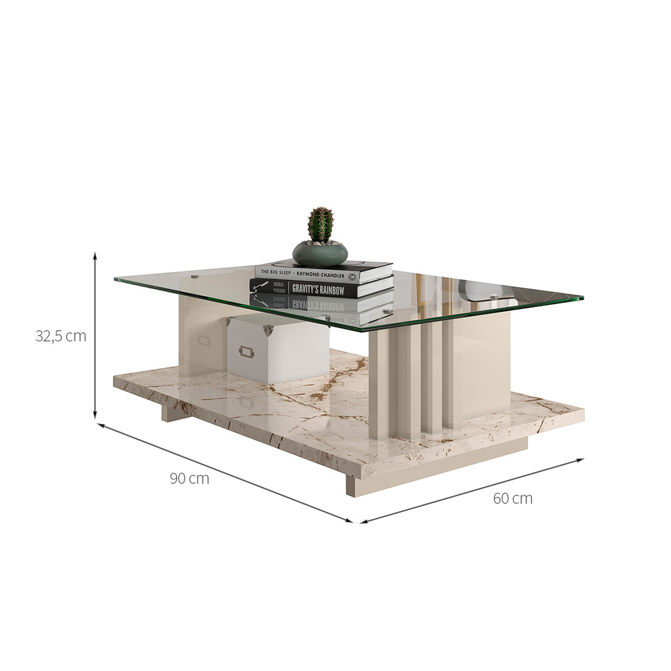 Mesa de Centro Retangular Frizz Off White e Calacata