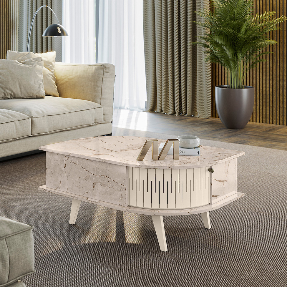 Mesa de Centro Retangular Indianapolis 2 Portas Off White e Calacata