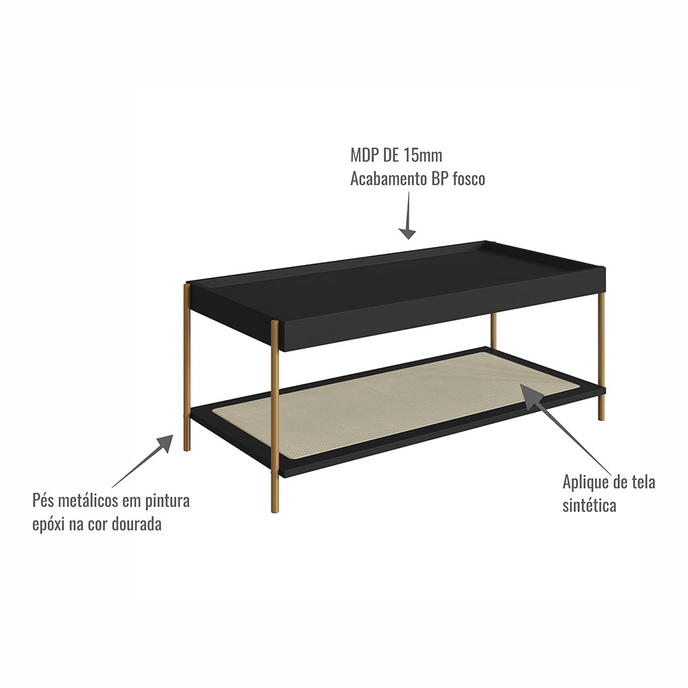 Mesa de Centro Retangular Oslo Nero e Dourada