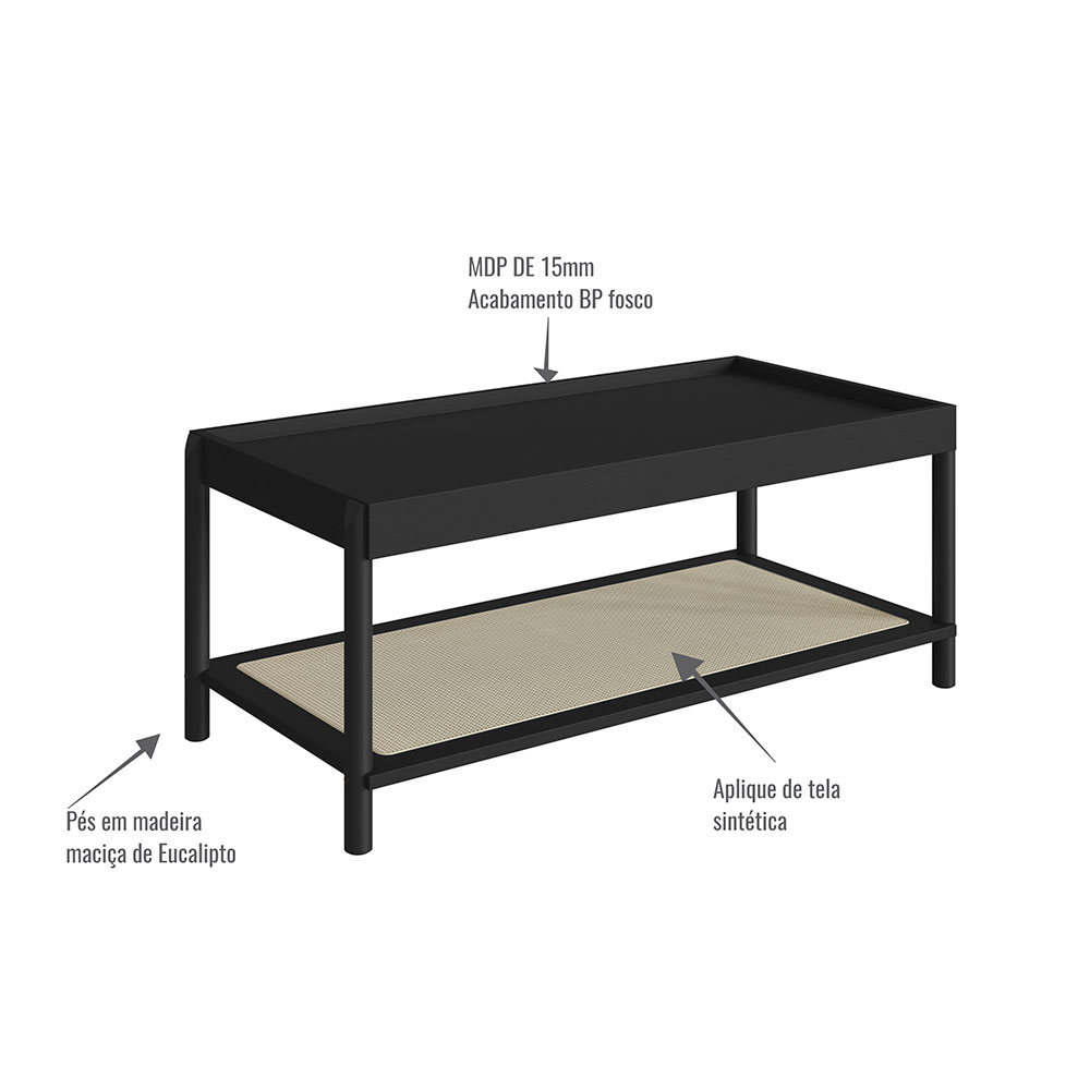 Mesa de Centro Retangular Oslo Nero e Preta