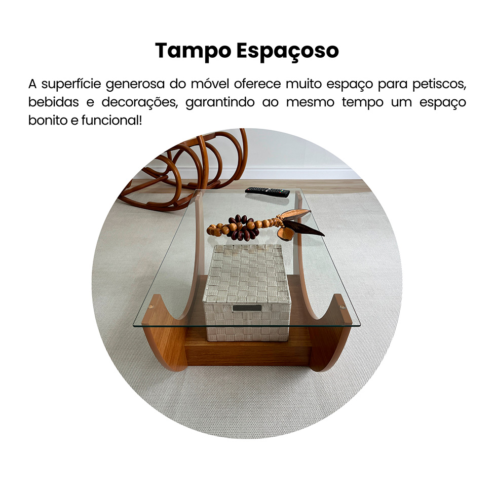Mesa de Centro Retangular com Tampo de Vidro Onda Cinamomo