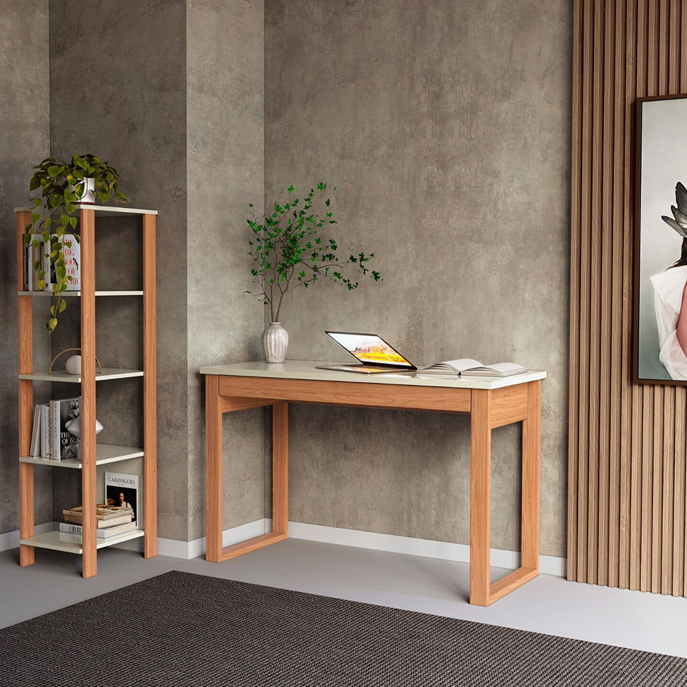 Mesa de Escritório Lanes 100% MDF 1 Gaveta Off White e Freijó