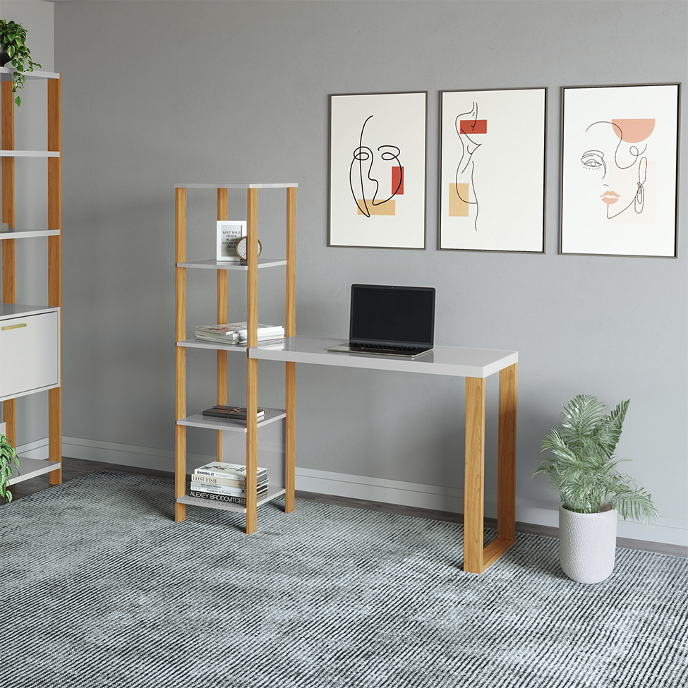Mesa de Escritório Lanes 100% com Estante Off White e Freijó