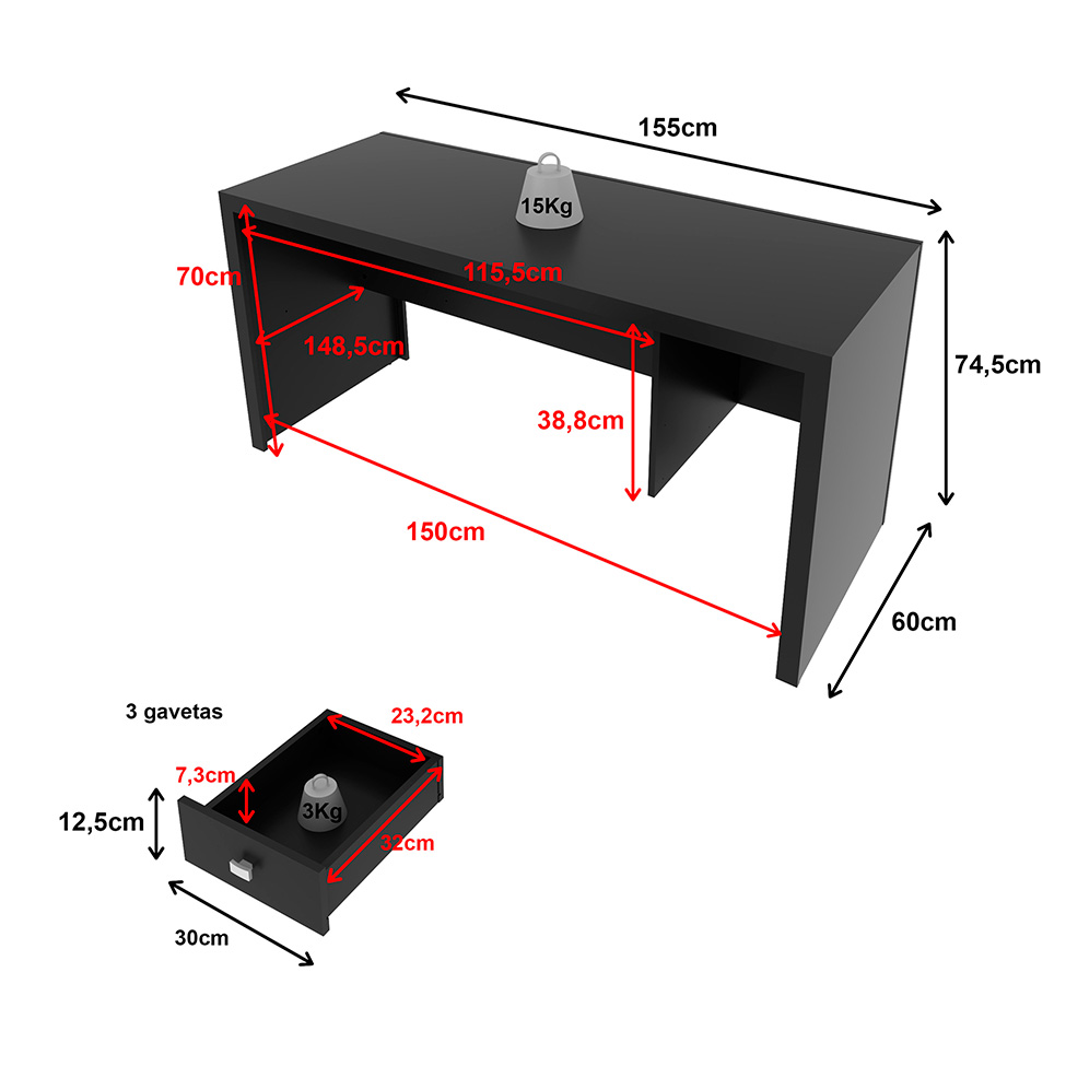 Mesa de Escritório Mari 3 GV Preta