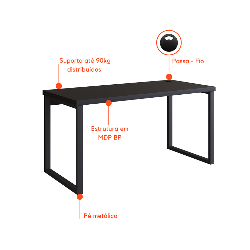 Mesa de Escritório Mathias Preta 190 cm