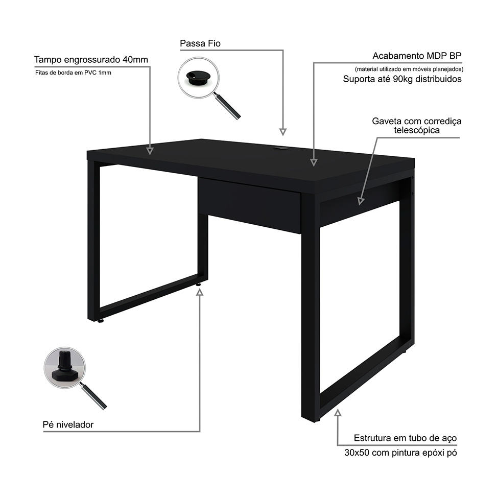 Mesa de Escritório Retangular Miguel 1 GV Preta 120 cm