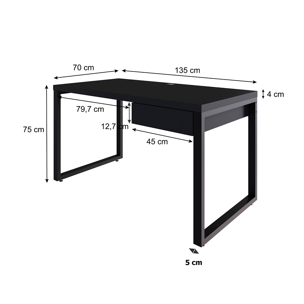 Mesa de Escritório Retangular Miguel 1 GV Preta 135 cm