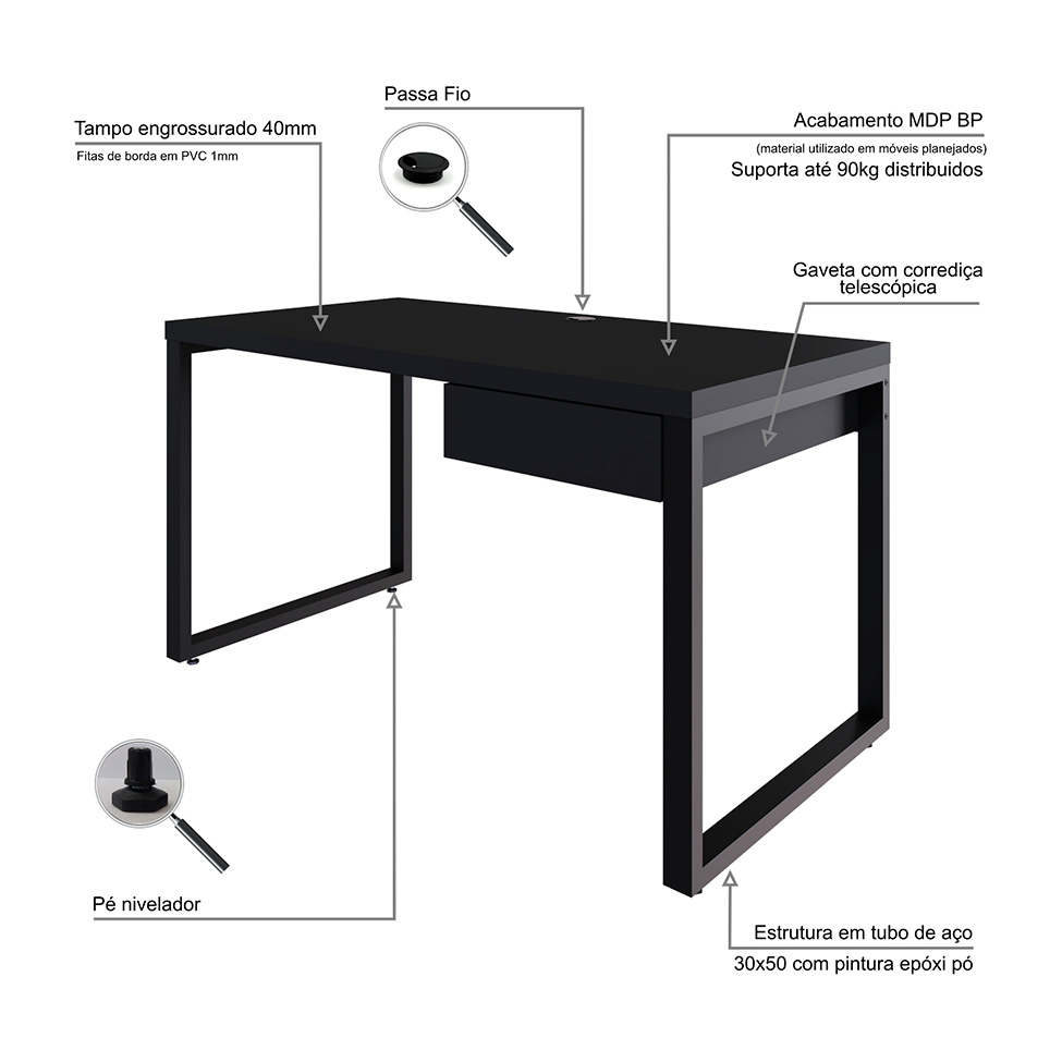 Mesa de Escritório Retangular Miguel 1 GV Preta 135 cm