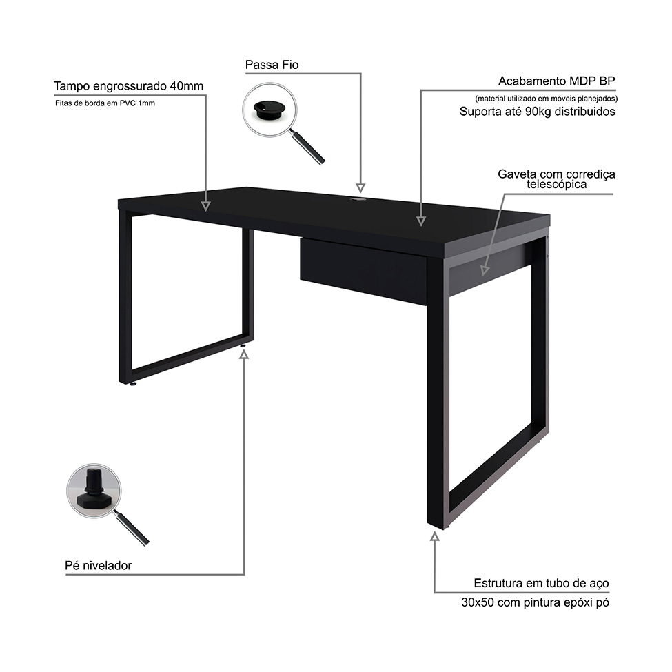 Mesa de Escritório Retangular Miguel 1 GV Preta 150 cm