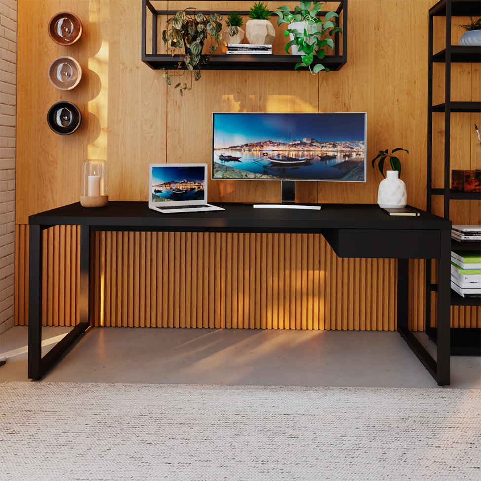Mesa de Escritório Retangular Miguel 1 GV Preta 190 cm