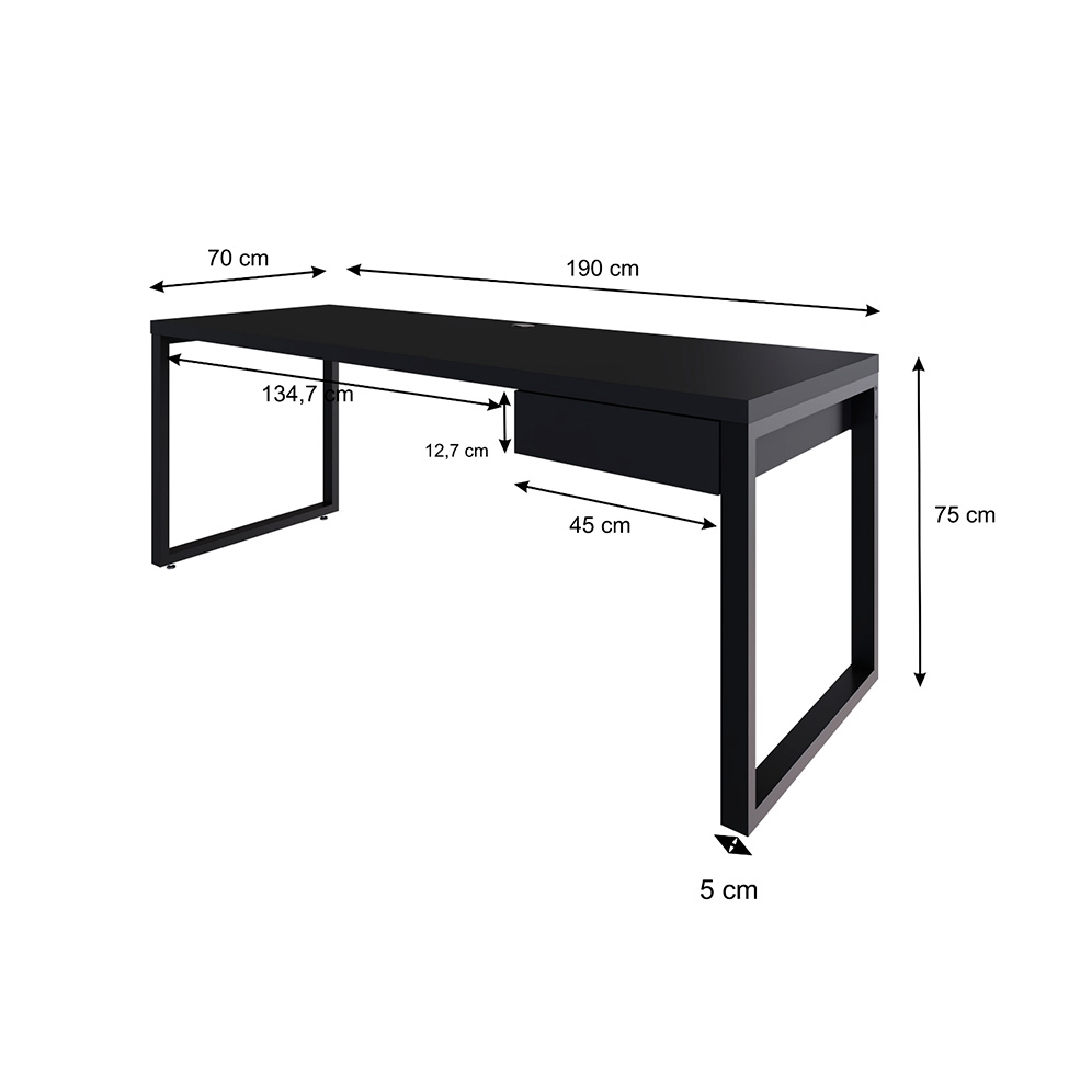 Mesa de Escritório Retangular Miguel 1 GV Preta 190 cm